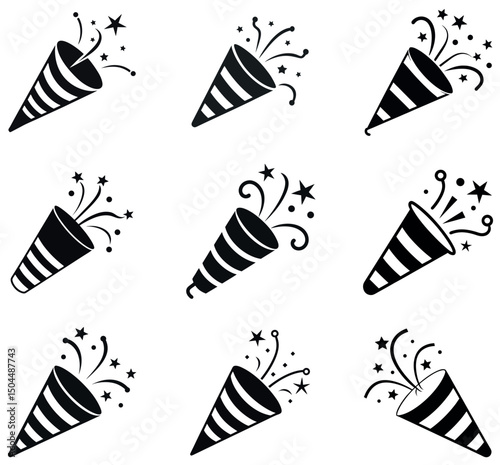 Party Popper Icons Set - Celebration Confetti Vector Graphics