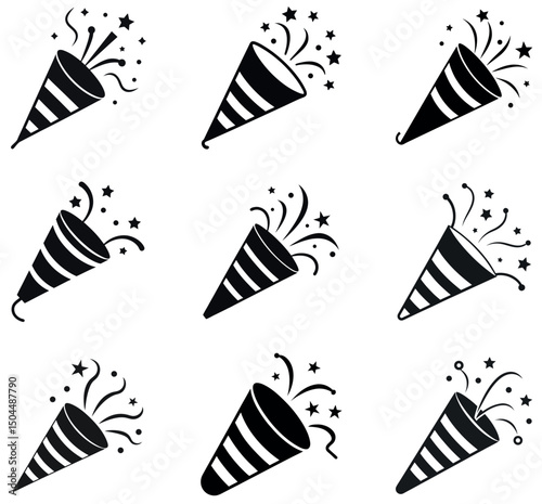Party Popper Icons Set - Celebration Confetti Vector Graphics