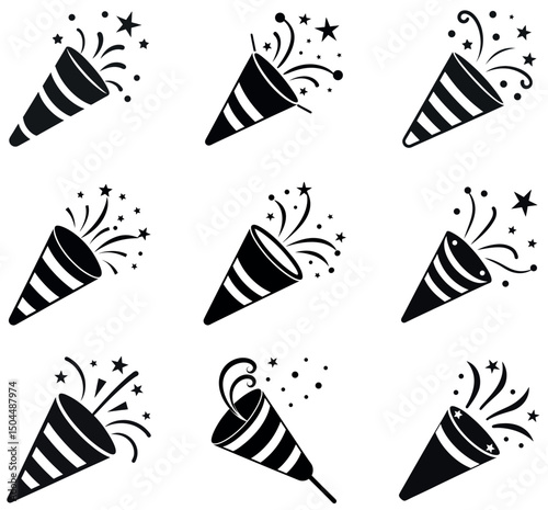 Party Popper Icons Set - Celebration Confetti Vector Graphics