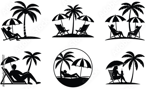 Beach Chair with Palm Tree Silhouette Vector Set – Tropical Relaxation Scene, Seaside Vacation Mood, Summer Chill Vibes, and Coastal Sunset Design