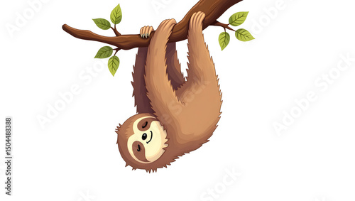 Silly Sloth Hanging from Tree Branch (Cartoon Illustration)