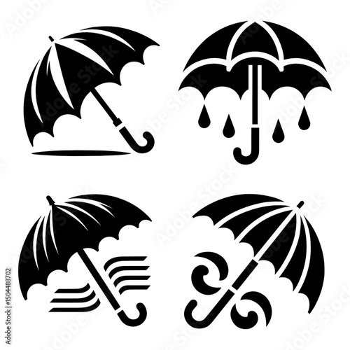 Black Umbrella Icons, Rain, Wind, and Weather Protection Symbols