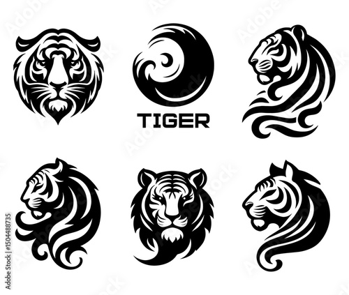 Collection of stylized tiger head illustrations, high contrast black and white minimalist graphic design