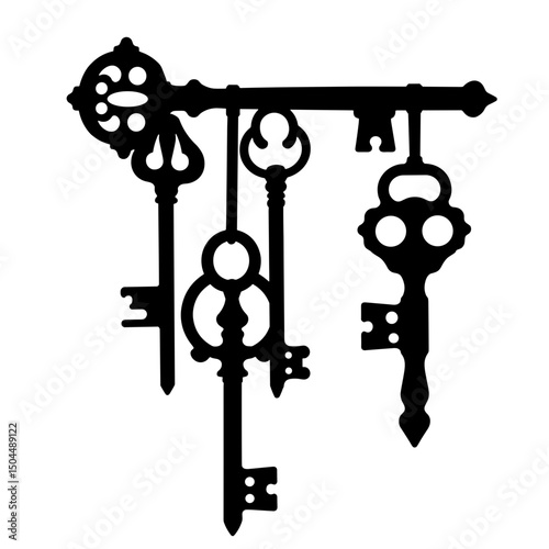 Silhouette of Vintage Keys on White Background, Symbolic Security Concept