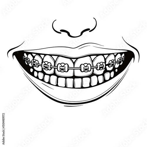 Line Art of Braces on Teeth with Black Outlines, Dental Illustration Concept