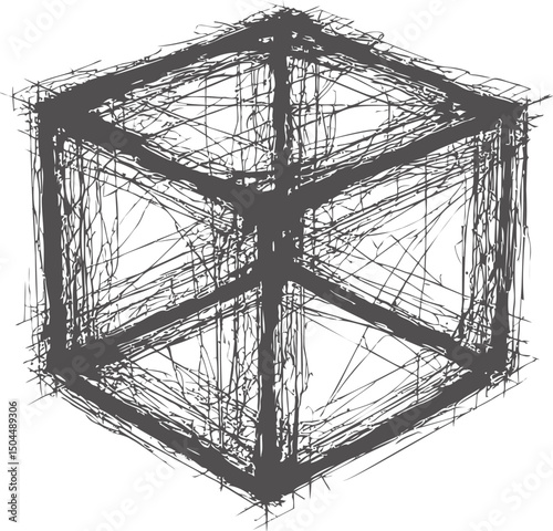 Abstract chaotic sketch of a cube in black lines. Vector illustration