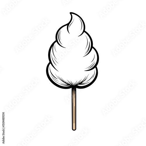 Line Art Cotton Candy on Stick, Black Outline on White Background, Fair Treat