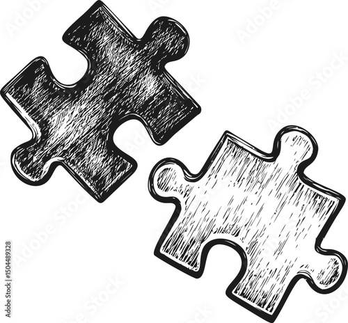Two hand-drawn puzzle pieces, one black and one white,. Vector illustration