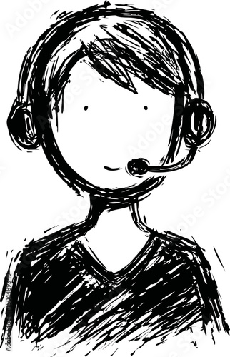 Black and white sketch of a person with headset drawn in a simple style. Vector illustration