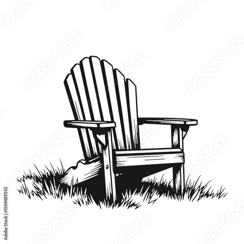 Lawn Chair with Long Shadow on Grass, Black Line Art Illustration for Design Clarity