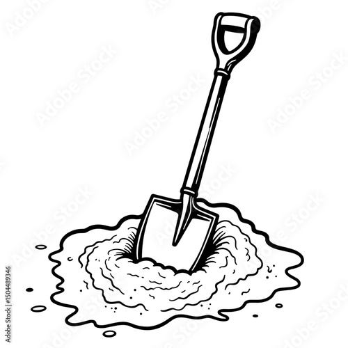 Shovel in Sandbox, Black and White Line Art, Gardening and Construction Illustration