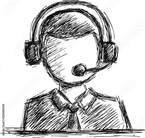 Sketch of a faceless person with headphones and microphone in a call center. Vector illustration