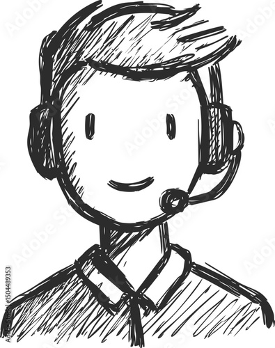 Black and white sketch of a smiling call center agent wearing a headset. Vector illustration