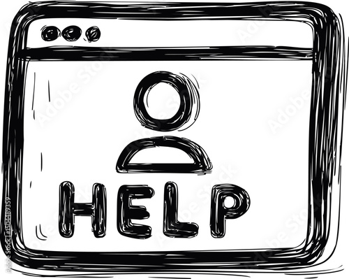 Sketch style browser window with user icon and help text in black and white. Vector illustration