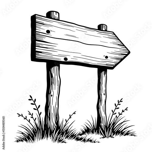 Rustic Wooden Sign Pointing to Waterfall, Line Art Style Illustration, Navigational Concept