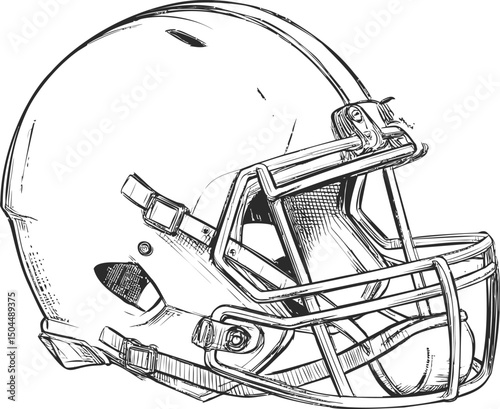 Black and white sketch of an american football helmet, detailed line art drawing. Vector illustration