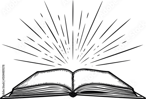 Open book with radiating light lines drawn in black ink illustration. Vector illustration