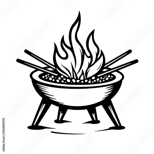 Line Art Fire Pit with Grate and Skewers, Black Outlines on White, Clarity in Design