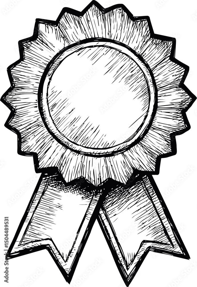 Hand-drawn black and white award ribbon sketch with detailed lines. Vector illustration
