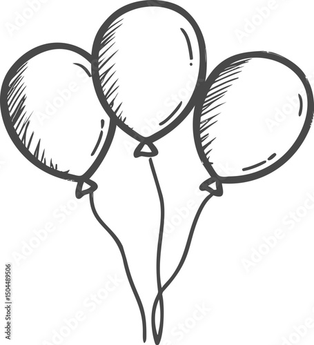 Sketch of three simple balloons with outlines in black and white illustration. Vector illustration