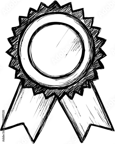 Hand drawn black and white sketch of an award ribbon with detailed lines. Vector illustration