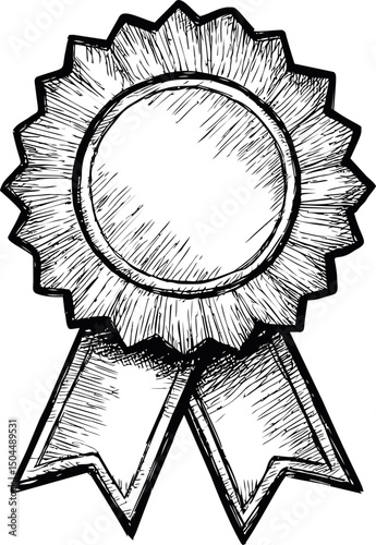 Hand-drawn black and white award ribbon sketch with detailed lines. Vector illustration