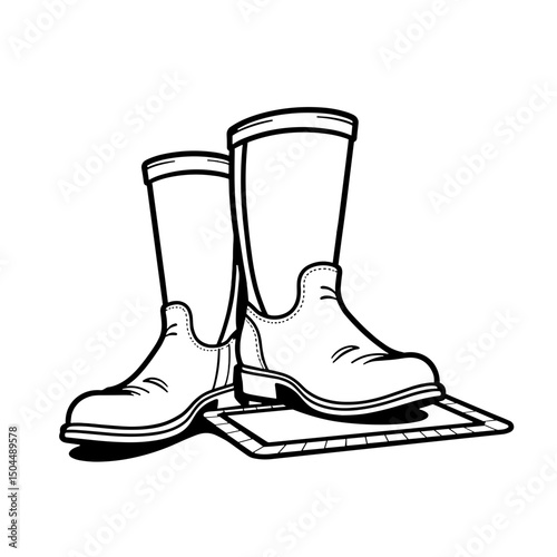 Safety Boots Line Art beside Site Mat, Black Outline Illustration, Industrial Safety Concept