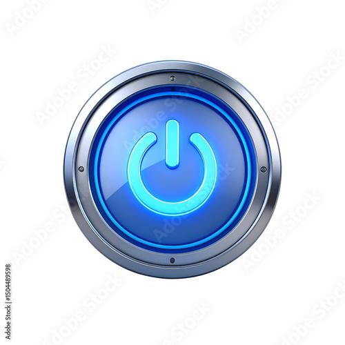 Shiny blue power button digital technology interface on transparent background