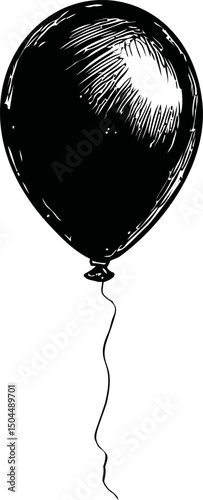 Black and white illustration of a shiny balloon with a string, vector drawing. Vector illustration