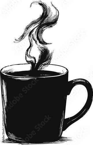 Black and white illustration of a steaming coffee cup with artistic smoke. Vector illustration