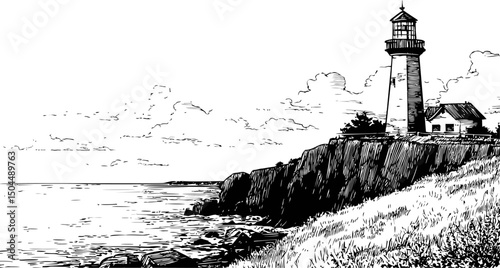 Black and white drawing of a lighthouse on a rocky coast under a cloudy sky. Vector illustration