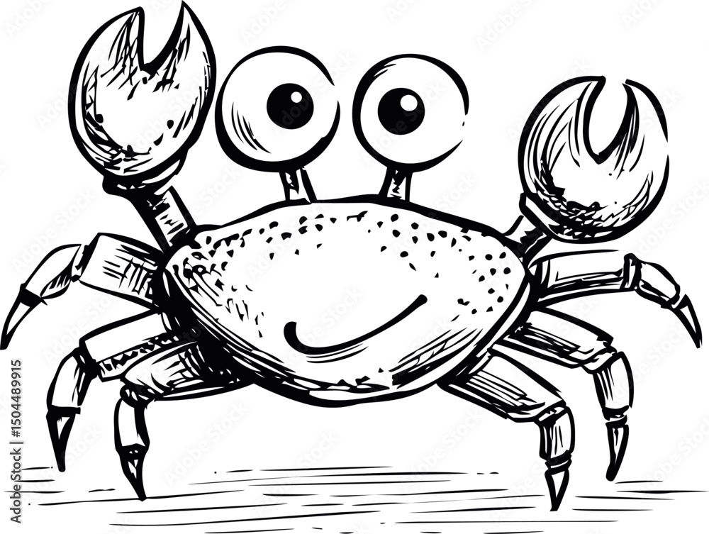 Fototapeta premium Smiling cartoon crab sketch with big eyes and claws in black and white. Vector illustration