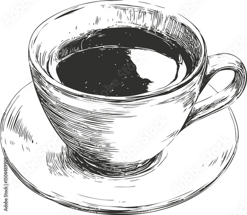 Monochrome sketch of a coffee cup filled with steaming hot coffee. Vector illustration