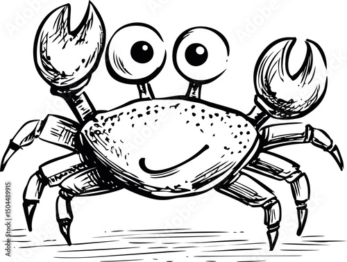 Smiling cartoon crab sketch with big eyes and claws in black and white. Vector illustration
