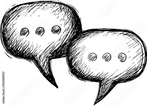 Hand-drawn black and white sketch of two speech bubbles with ellipses. Vector illustration
