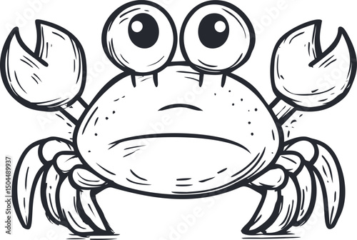 Black and white cartoon illustration of a crab with big eyes and claws. Vector illustration