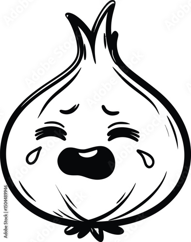 Crybaby onion with tears in a black and white cartoon style illustration. Vector illustration
