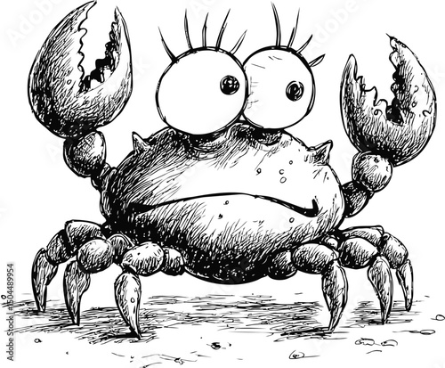 Illustration of a cartoon crab with large eyes and claws in black and white. Vector illustration