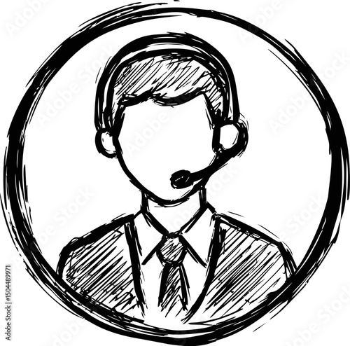 Hand-drawn sketch of a faceless call center agent with headset in black and white. Vector illustration