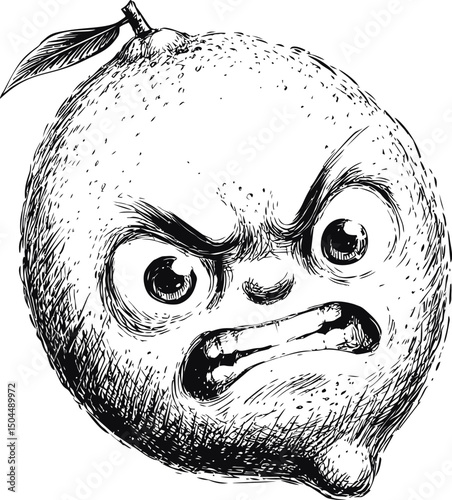 Angry lemon sketch with expressive cartoon face and facial features. Vector illustration