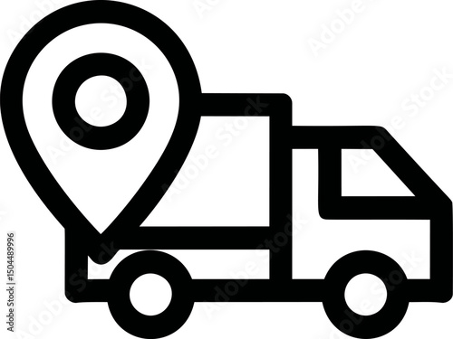 Black outline of delivery truck with location pin icon. Vector illustration