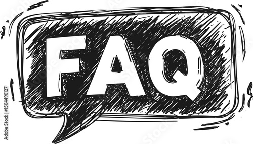 Black and white doodle style illustration of faq text in speech bubble. Vector illustration