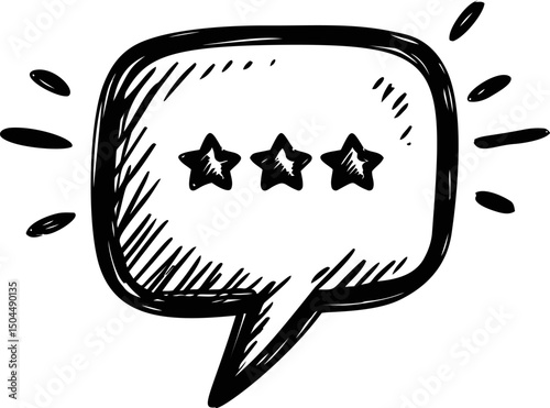 Hand-drawn speech bubble with three star symbols and decorative lines. Vector illustration