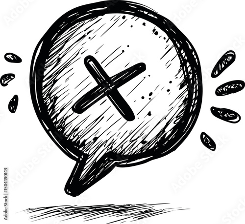 Hand-drawn speech bubble with cross and sketchy details, black and white doodle. Vector illustration