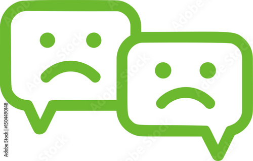 Two green sad emoji bubbles with frowning faces. Vector illustration