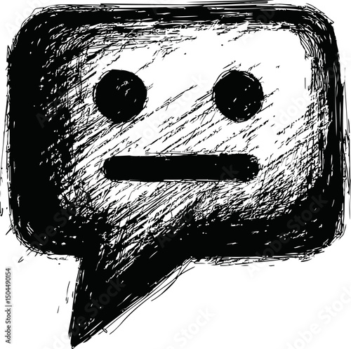 Sketchy black and white speech bubble with expressionless face inside. Vector illustration