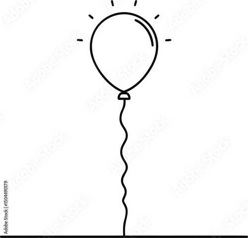 Black and white outline of a balloon with rays on a plain background. Vector illustration