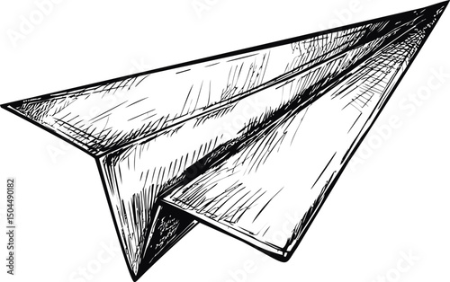 Black and white sketch of a paper airplane with detailed line art. Vector illustration