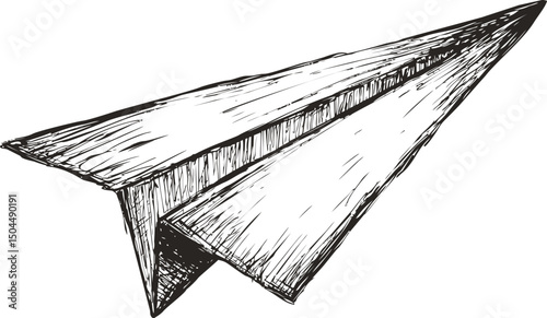 Sketch of paper airplane with detailed texture in black and white illustration. Vector illustration