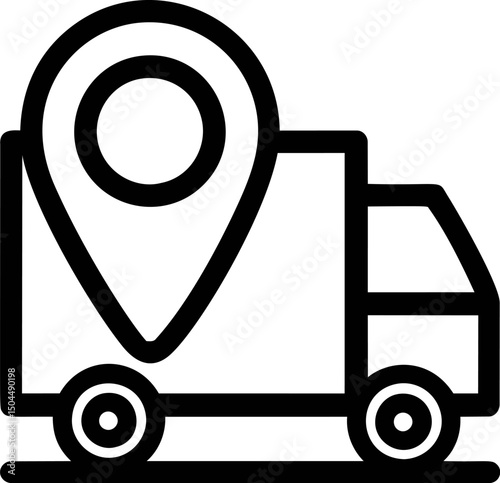 Logistics truck icon with location pin symbol, monochrome line art design. Vector illustration
